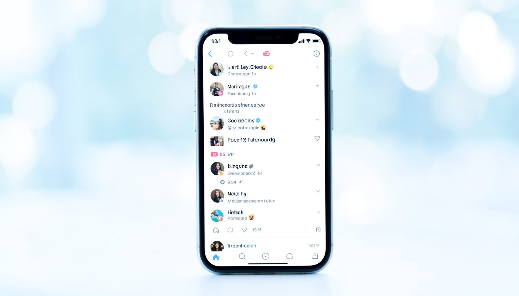 A bright, airy photograph of a smartphone screen displaying a Twitter feed with soft bokeh lights in the background, conveying digital communication and social media