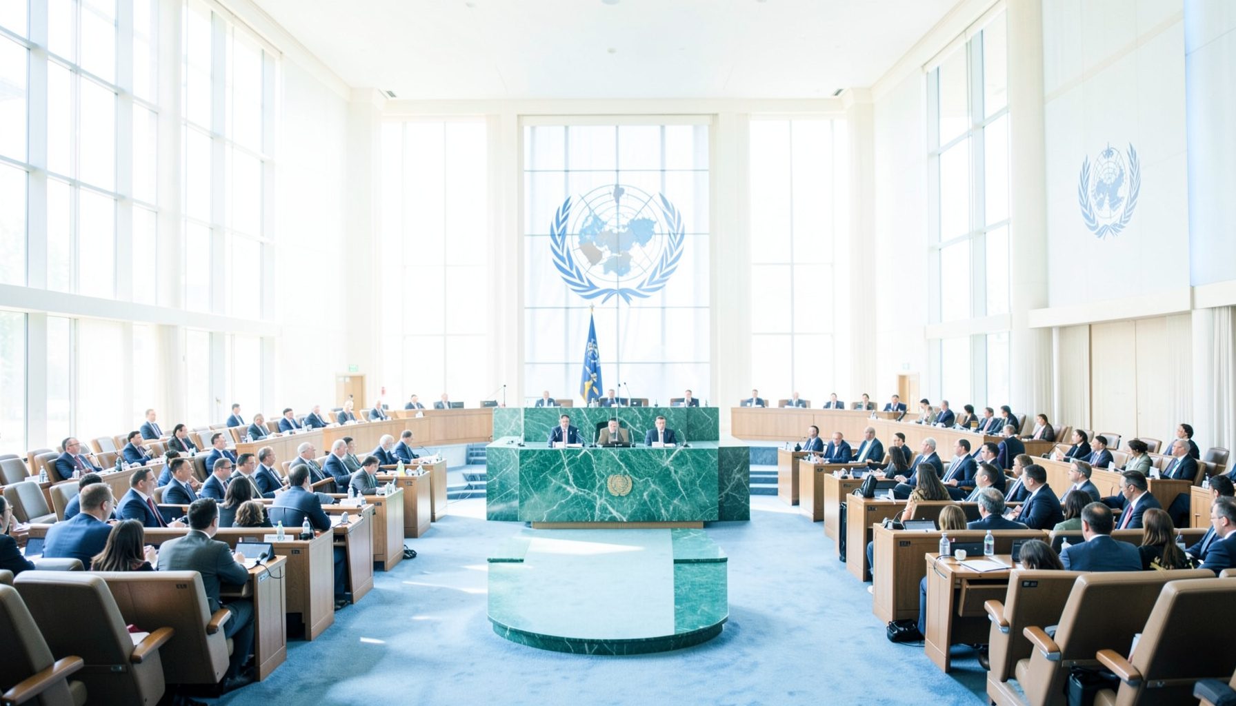 A bright, airy photograph of the United Nations General Assembly hall with its iconic green marble podium and rows of delegate seats, bathed in soft natural light.