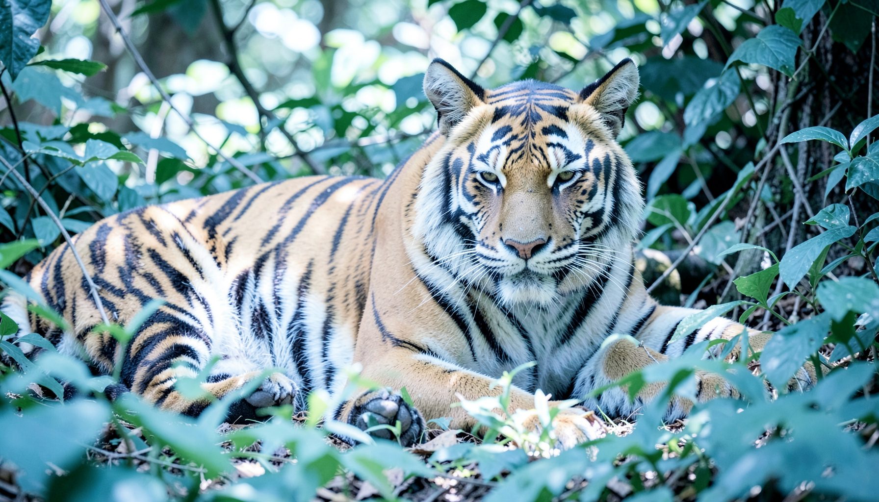 A majestic Bengal tiger resting in dappled forest light, its orange and black stripes vivid against deep green foliage