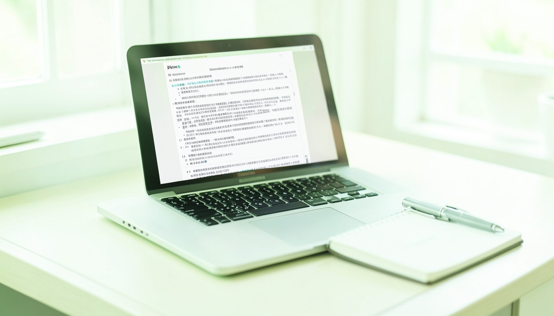 A bright, airy photograph of a clean desk with an open laptop displaying a PDF document, a notebook and a pen beside it