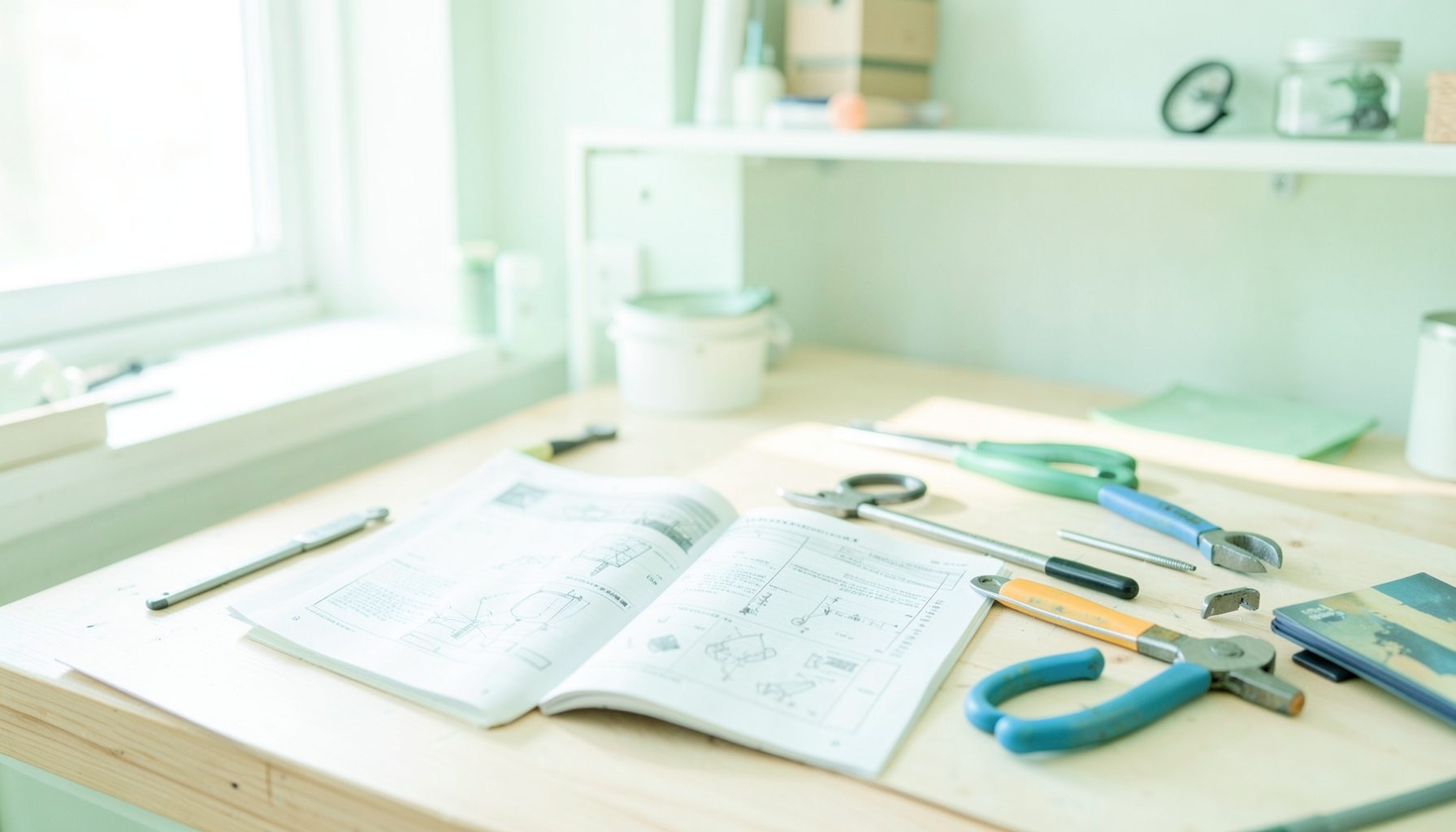 A bright, airy workshop scene with a tidy workbench, open repair manual, and neatly arranged hand tools in soft natural light