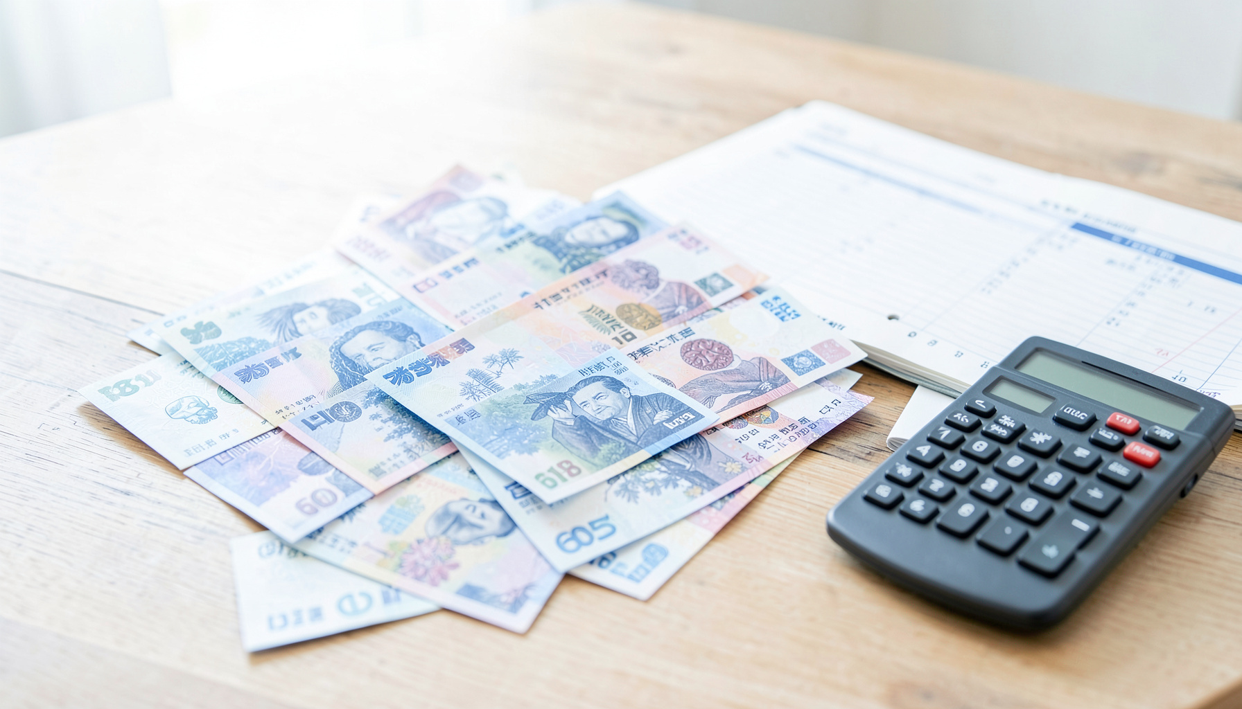 A bright, airy photograph of Bhutanese ngultrum banknotes spread across a wooden table beside a ledger and a calculator, soft natural light